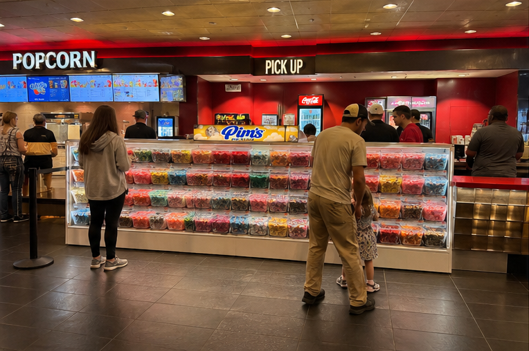 Pim's Pick 'N' Mix at a cinema concession stand, bottom-left
