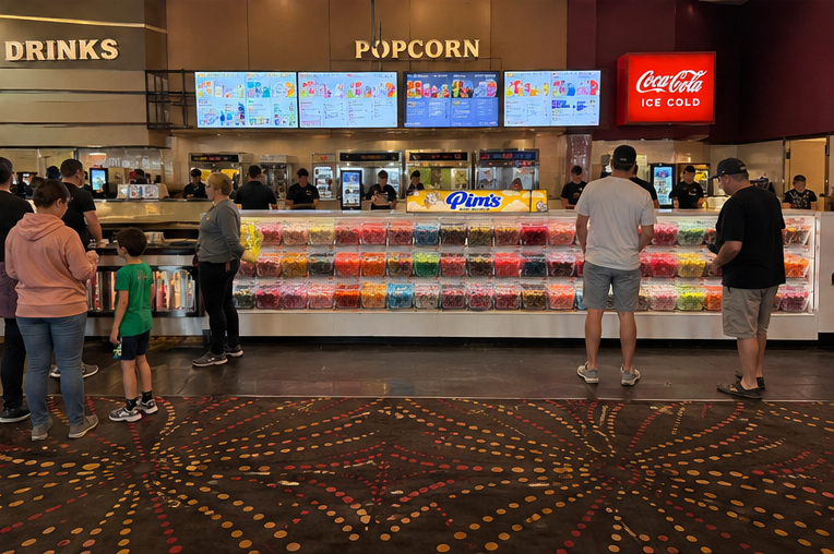 Pim's Pick 'N' Mix at a cinema concession stand, bottom-right