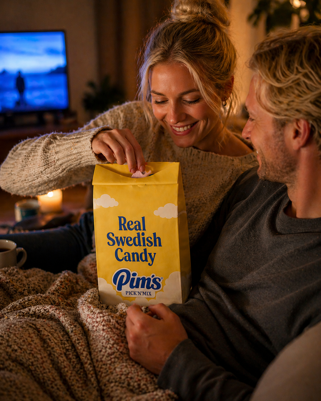 A couple enjoying their Pim's candy at home on the couch, Swedish lördagsmys