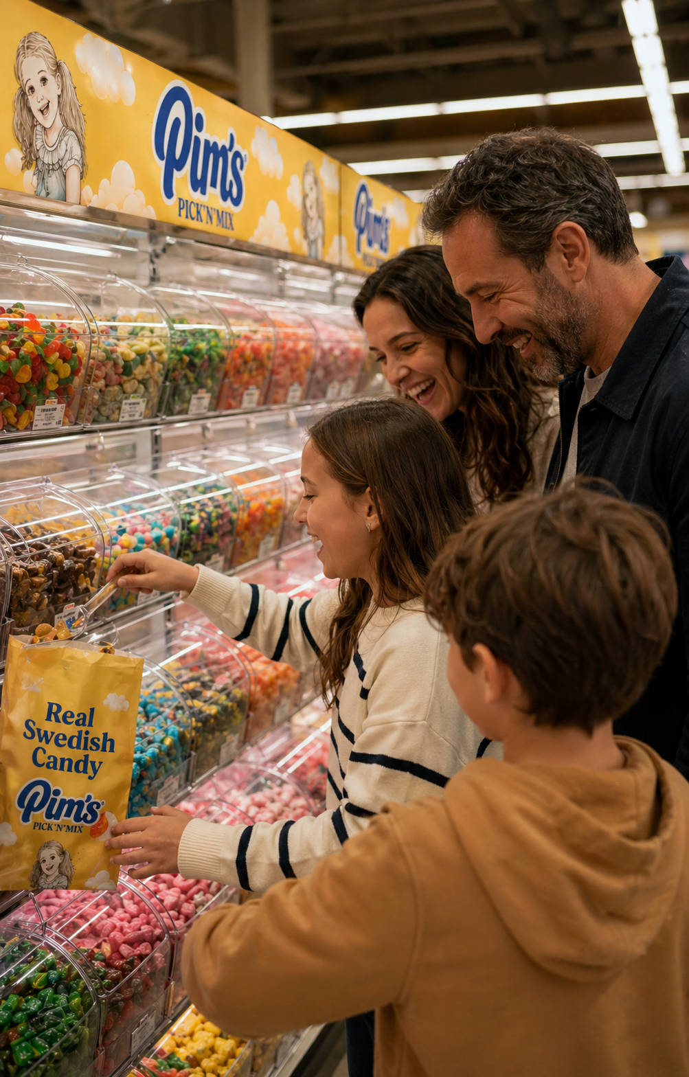 A family picking their own mix at a Pim's retail display