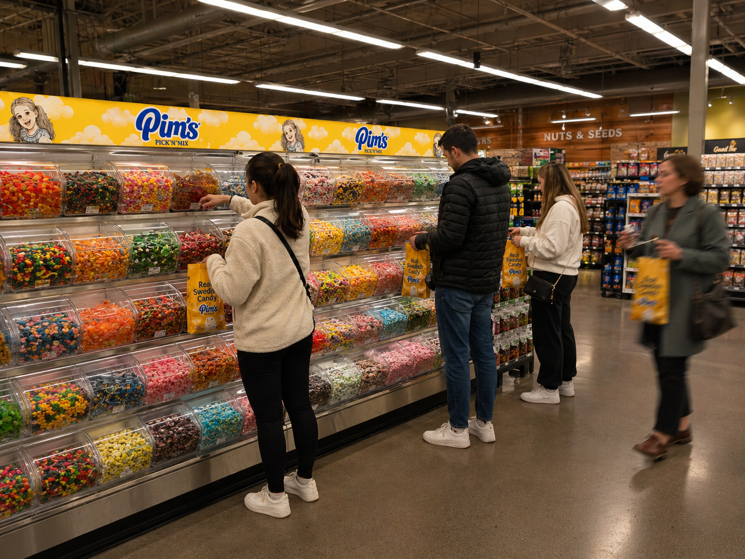 Customers shopping at a Pim's Pick 'N' Mix display in a grocery store