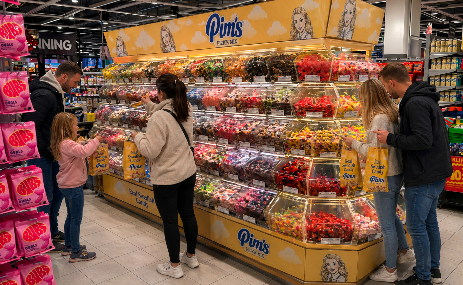 A Pim's Pick 'N' Mix display in a real Swedish grocery store with shoppers picking candy